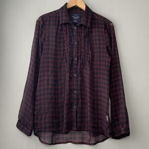 American Eagle Size Large Sheer Plaid Ruffled Favorite Fit Blouse Dark Academia